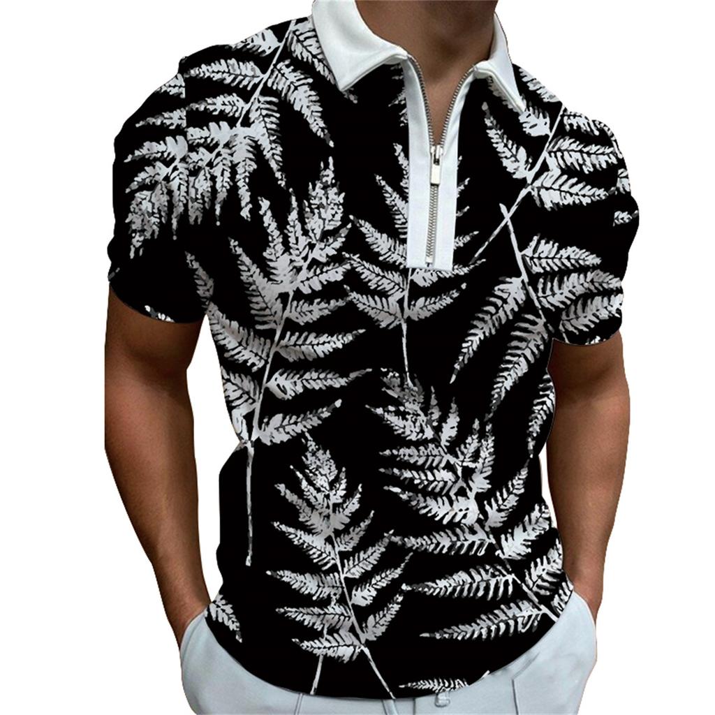 Men's fashion personalized short sleeve zipper POLO shirt men's printed lapel POLO shirt T-shirt