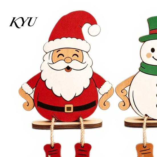 Wooden Santa Claus Figures 3Pcs 2D Christmas Hanging Ornaments, Cartoon Snowman Tree Figurines Cute Winter Window Ornaments with Leg Design,