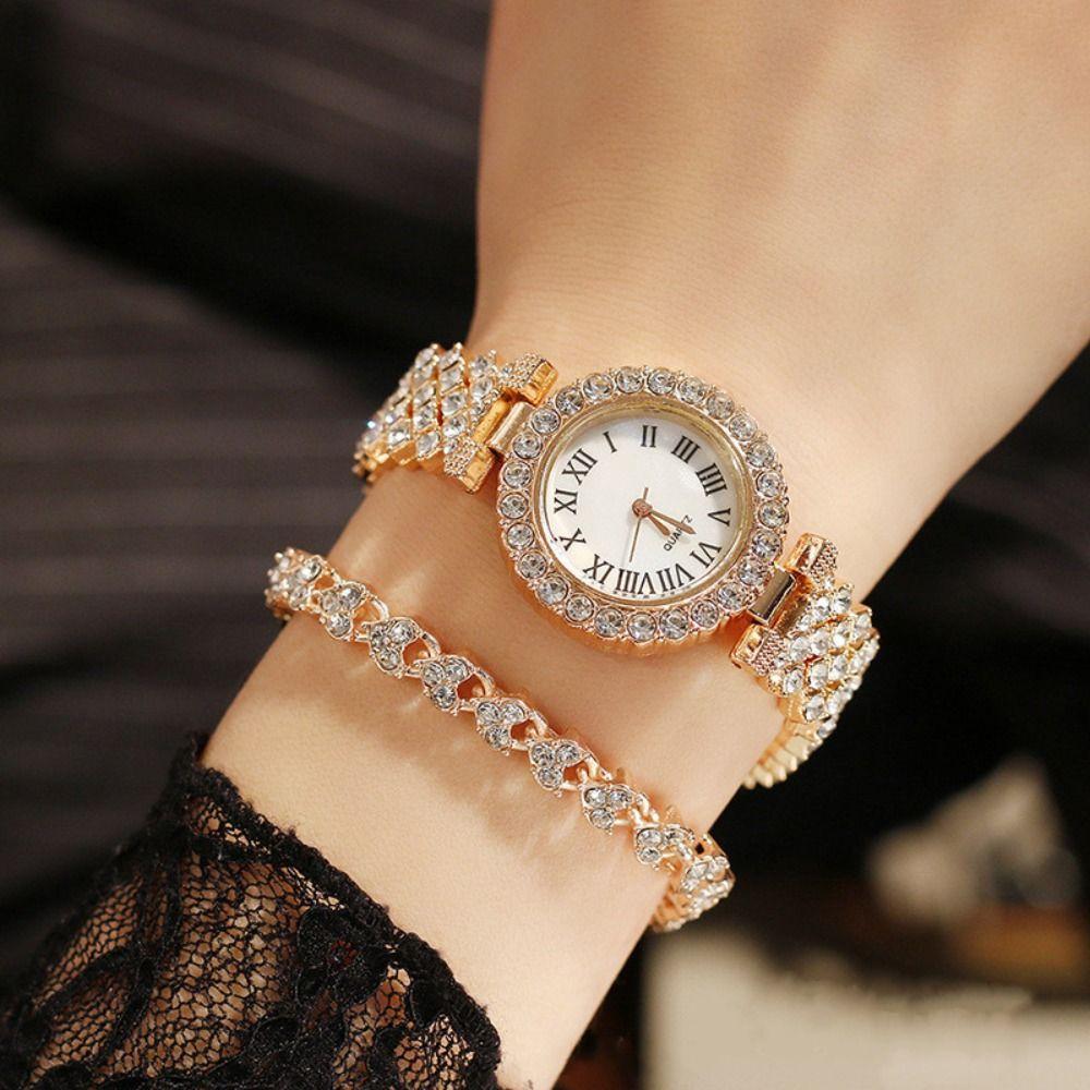 2PCS/Set Roma Dial Quartz Watches Stainless Steel Band Wrist Watch Bracelet Set  Women's Watch