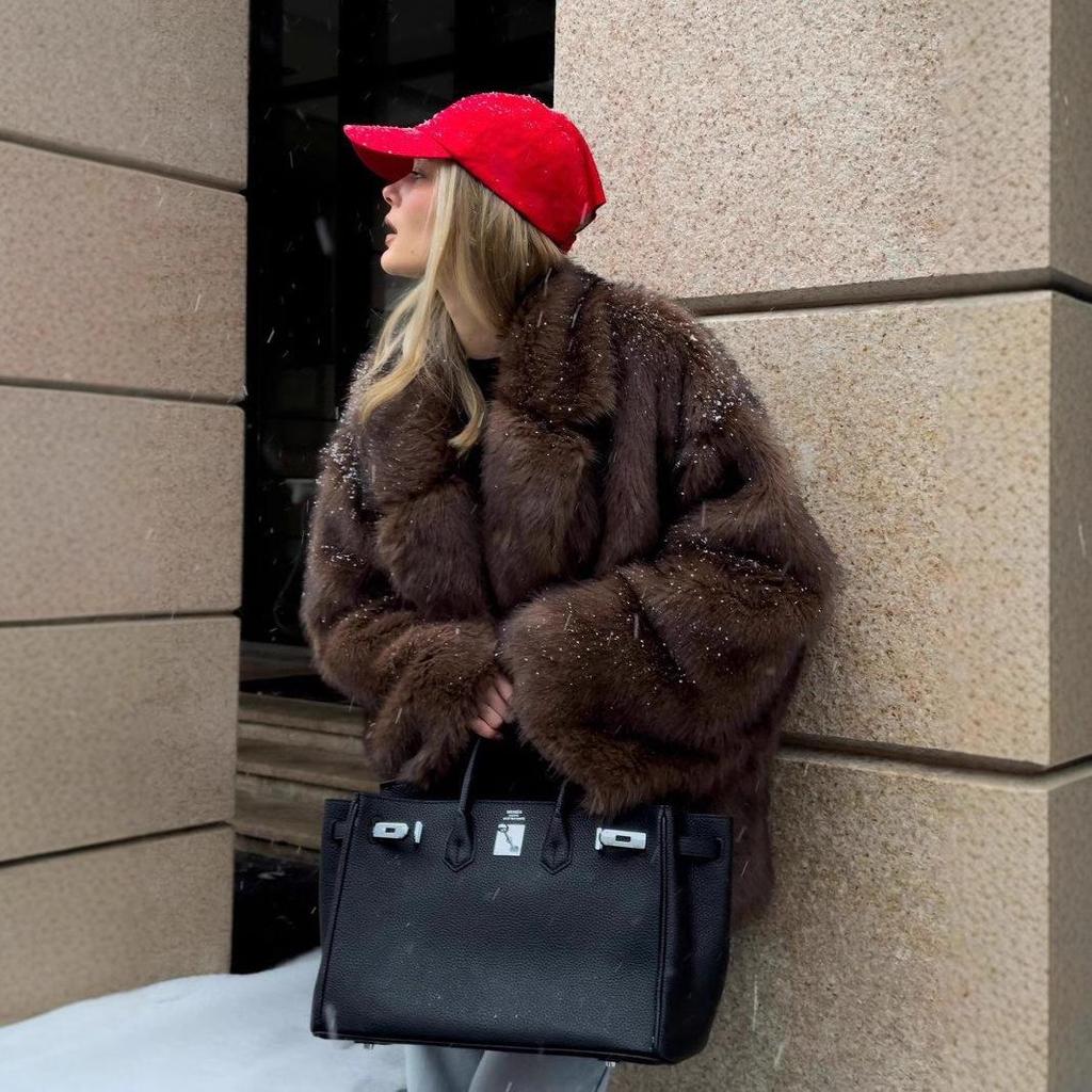 2024 European & American Women's Solid Color Faux Fur Loose Streetwear Coat