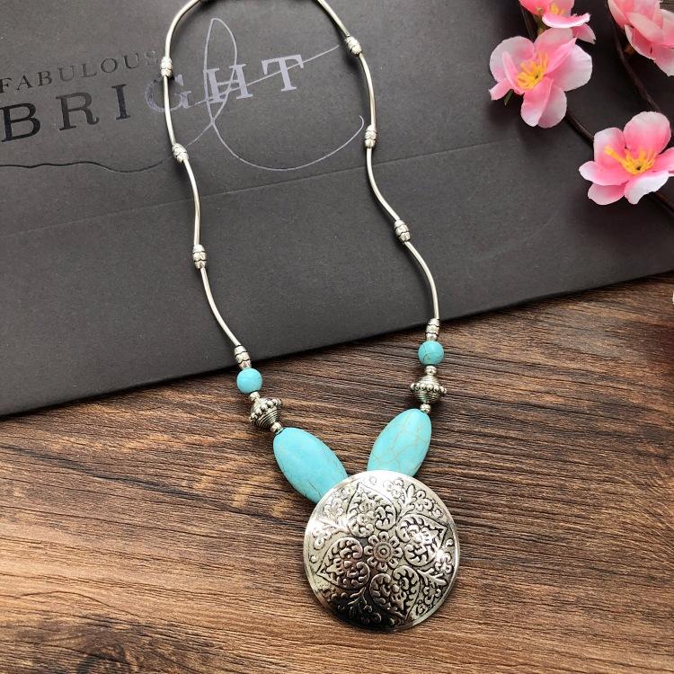 

Короткое ожерелье из тибетского серебра ручной работы с бирюзой, ретро-темперамент, простой кулон-подвеска для личности, аксессуары