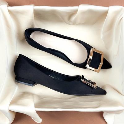 A Metal Buckle Black Velvet Flat Shoes Women's Summer Soft Sole New Versatile Pointed Suede