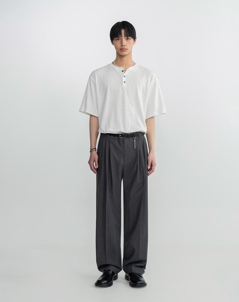WORK ON BODY OFF Three-Button Semi-Oversized Henley Neck Short Sleeve [White]