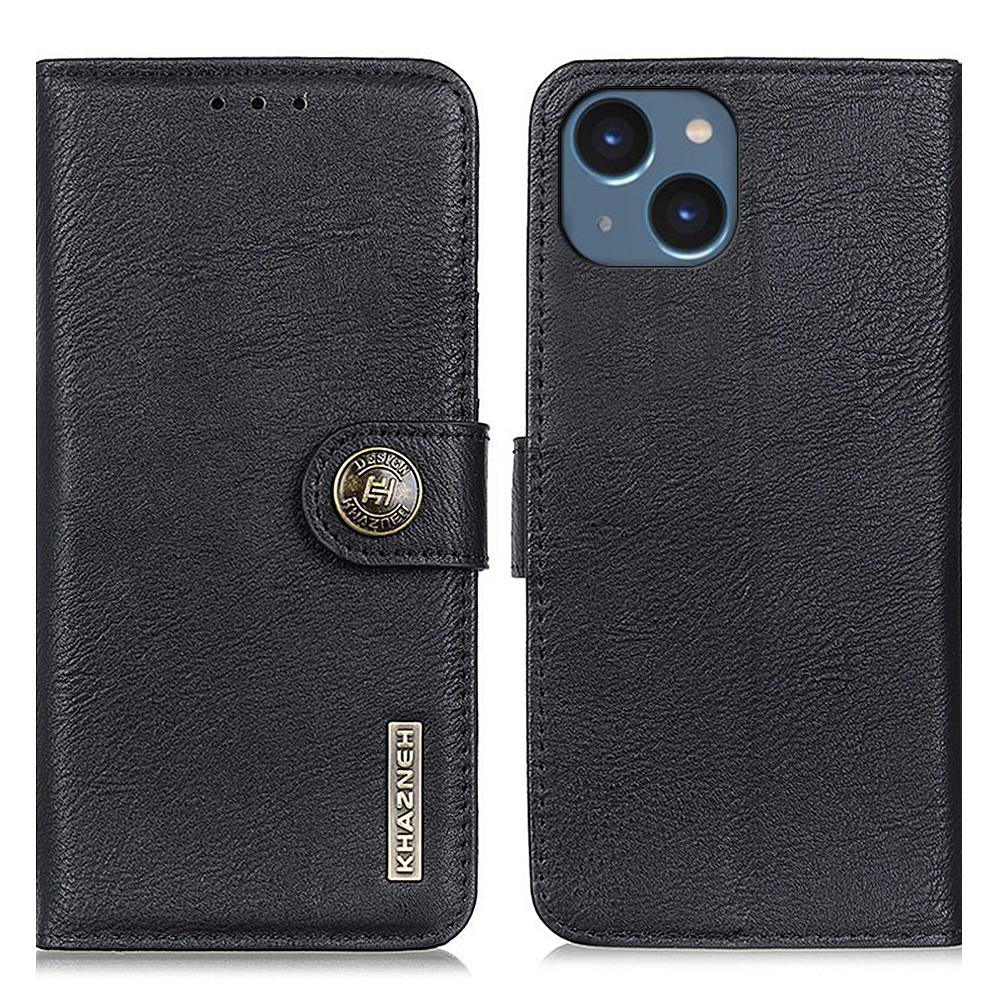 

KHAZNEH For iPhone 15 Plus Cowhide Texture Shockproof Stand Cover Leather Wallet Phone Case Black
