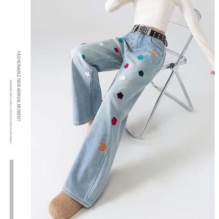 Floral Embroidered Wide Leg Pants Women Fashion Loose High Waist Slim Long Trousers