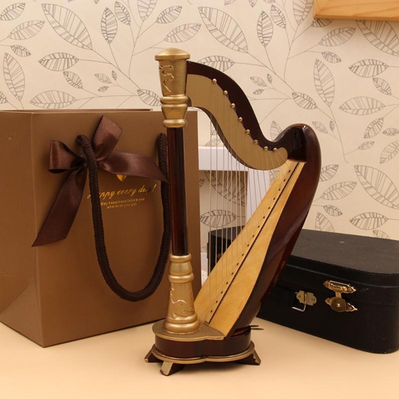 Wooden Miniature Harp Model with Black Gift Case Musical Instrument Model Musical Gifts Ornaments Decorations