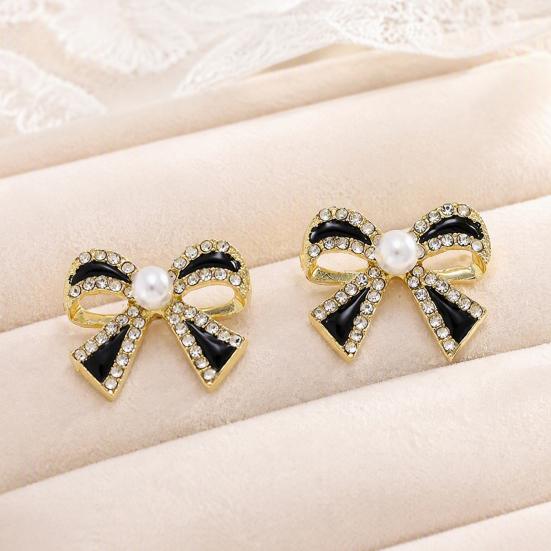 Classy Party Jewelry 1 Pair Sparkly Rhinestone Bow Knot Stud Earrings for Women, Faux Pearl Romantic Date Night Accessories Ribbon Earrings, Statement