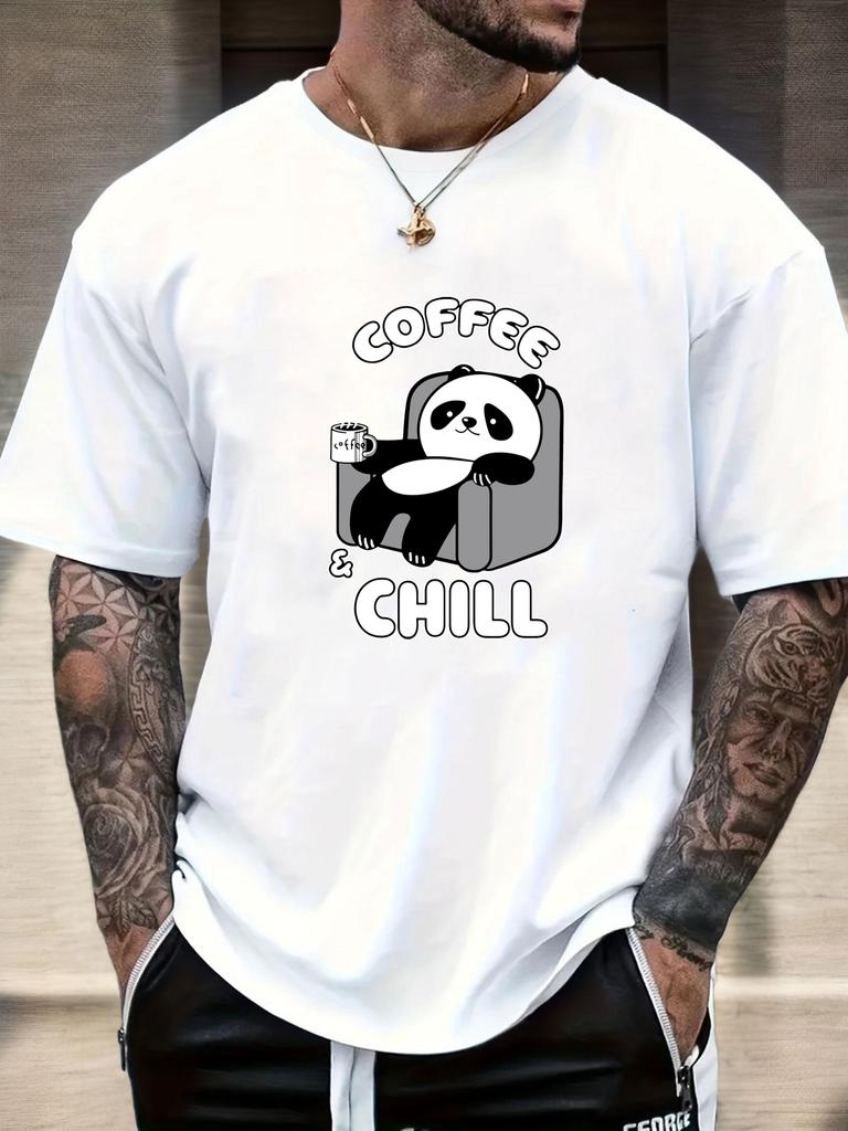 Mens Casual Tshirt Panda Coffee  Chill Print Short Sleeve Round Neck Breathable Soft Oversized Daily Wear Tee