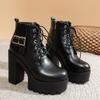 Women Lace Up Double Buckle High Heel Ankle Boots Black Platform Fashion Comfortable Shoes