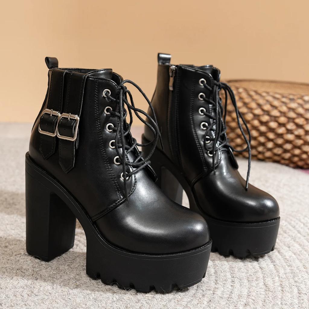 Women Lace Up Double Buckle High Heel Ankle Boots Black Platform Fashion Comfortable Shoes