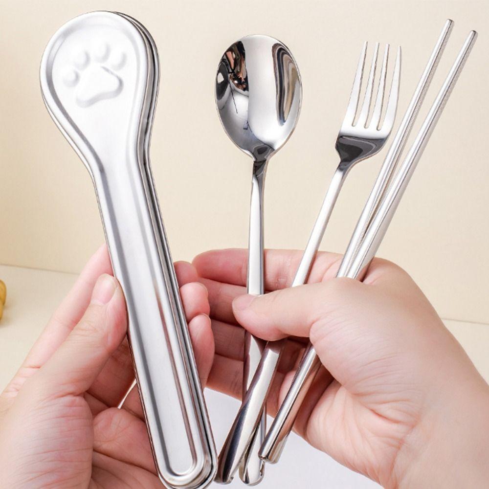 304 Stainless Steel Travel Tableware Set With Cat Paw Box Curlty Set Chopsticks Spoon Set Student