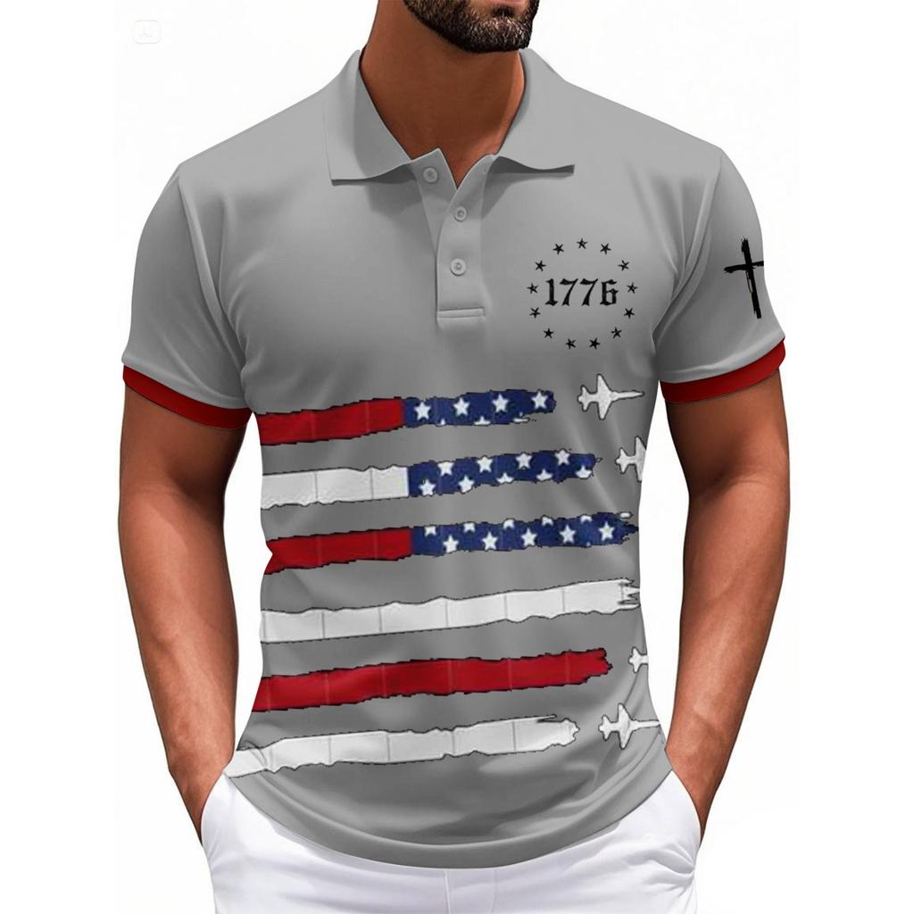 Fashionable Men's Casual Independence Day Printed Neck Short Sleeve Top