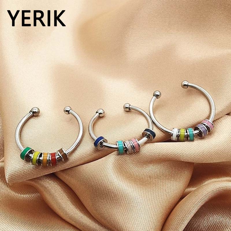 Yerik Stainless Steel Drip Oil Rotate Bead Anxiety Rings for Women Fashion Colorful Enamel Unisex Fidget Ring Trendy Jewelry