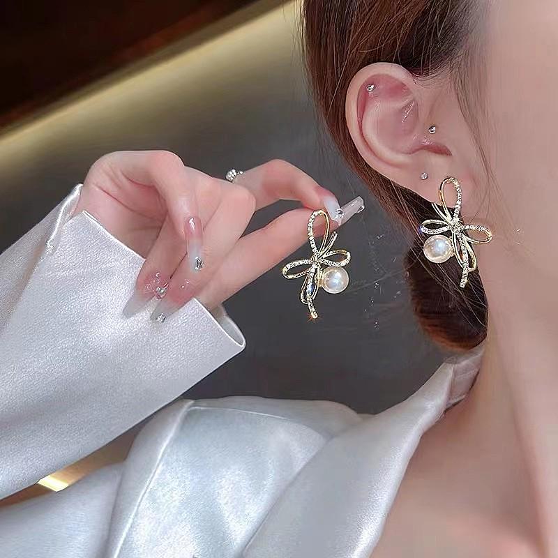 Korean Design Bow Pearl Earrings, S925 Silver Needles, with Rhinestone Inlays