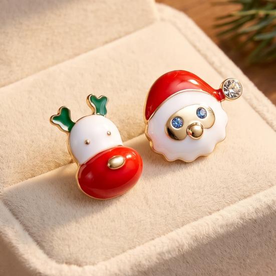 Christmas Earrings for Women 1 Pair Stud Women, Cute Enamel Santa Alloy Studs Claus And Reindeer Earrings, Holiday Jewelry Gifts Xmas Party Asymmetric