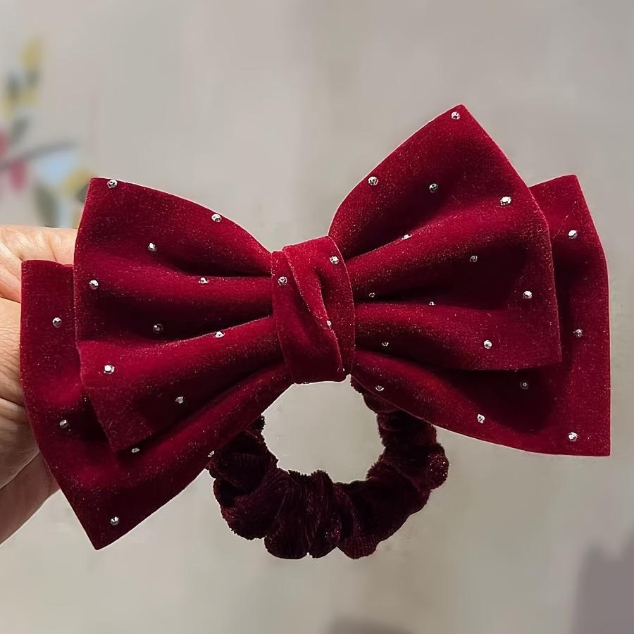 A New Vintage French-Style Wine Red Velvet Hair Tie Adorned with Starry Diamonds And a Bow
