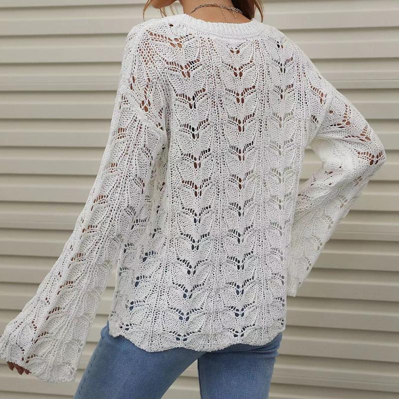 IHUASU Damen Herbst und Winter Strickpullover Einfarbig Häkeln Aushöhlen Pullover O-Ausschnitt Lockerer Pullover