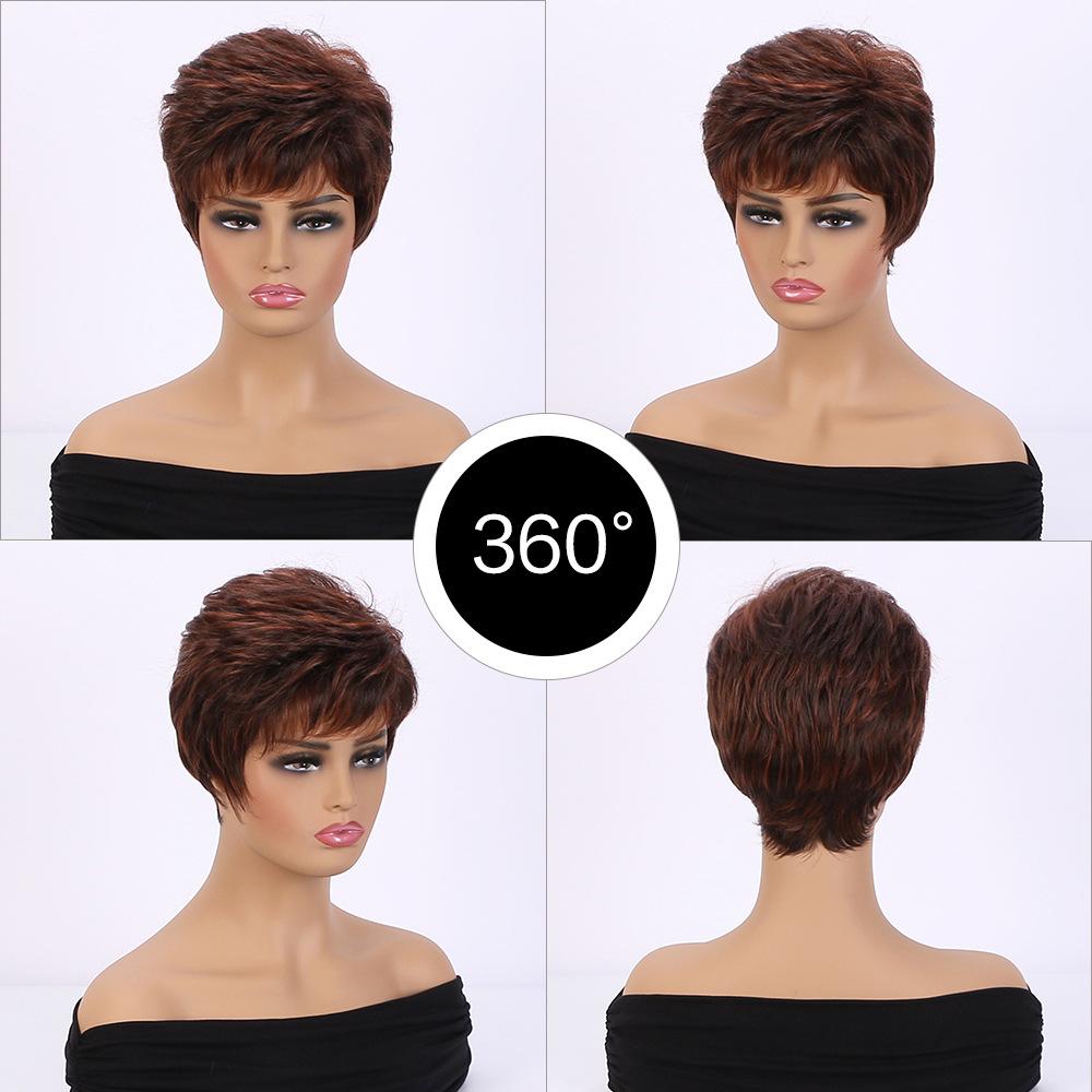 Vrouwen Korte Synthetische Golvende Pruiken Natuurlijk Gelaagd Roodbruin Haar met Pony voor Dagelijks Feestkostuum Hittebestendige Vezel