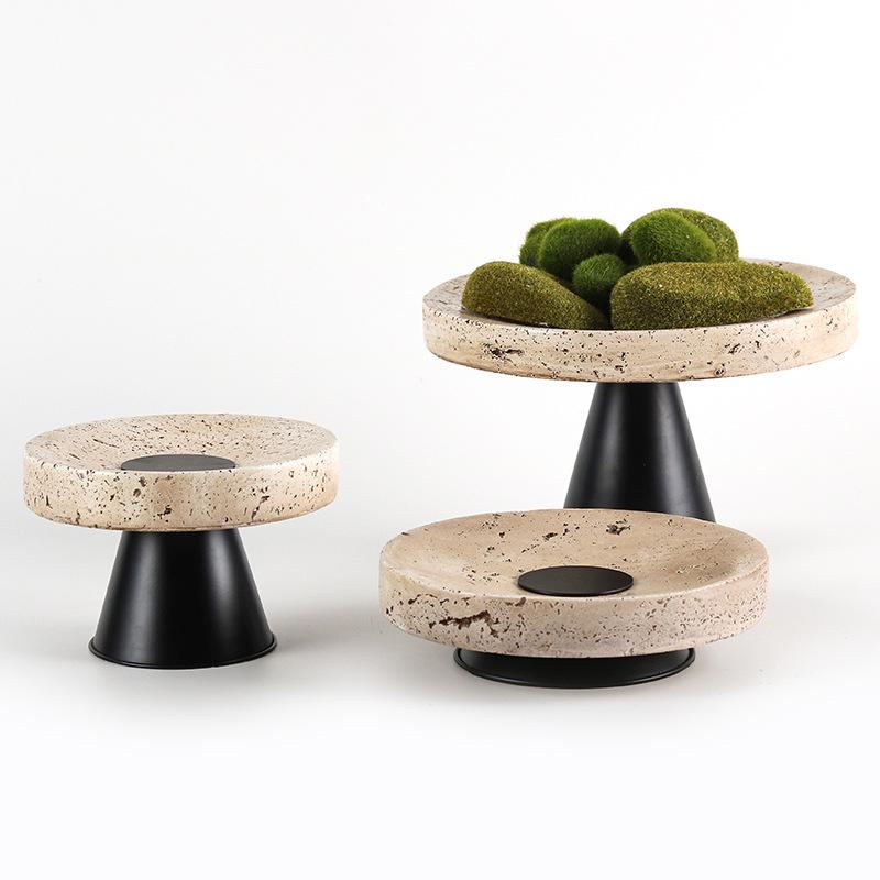 Wabi-Sabi High-Footed Round Fruit Plate - Light Luxury Yellow Travertine Style Decorative Tray