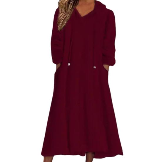 Women Fuzzy Fleece Midi Dress Fall Winter Warm Plush Dress Long Sleeve Hooded Drawstring Sweatshirt Dress with Pockets