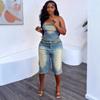 Damen Schlankes Zweiteiliges Hosen-Set Trägerloses Jeans-Oberteil Hohe Taille Capri-Jeans Farbverlauf Fransen Streetwear Outfit