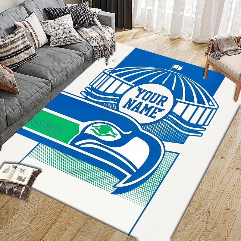 Custom Name,Seattle Seahawks Home Sofa Decoration for Living Room & Bedroom, Non‑Slip Play Flannel Floor Mat for Game Room
