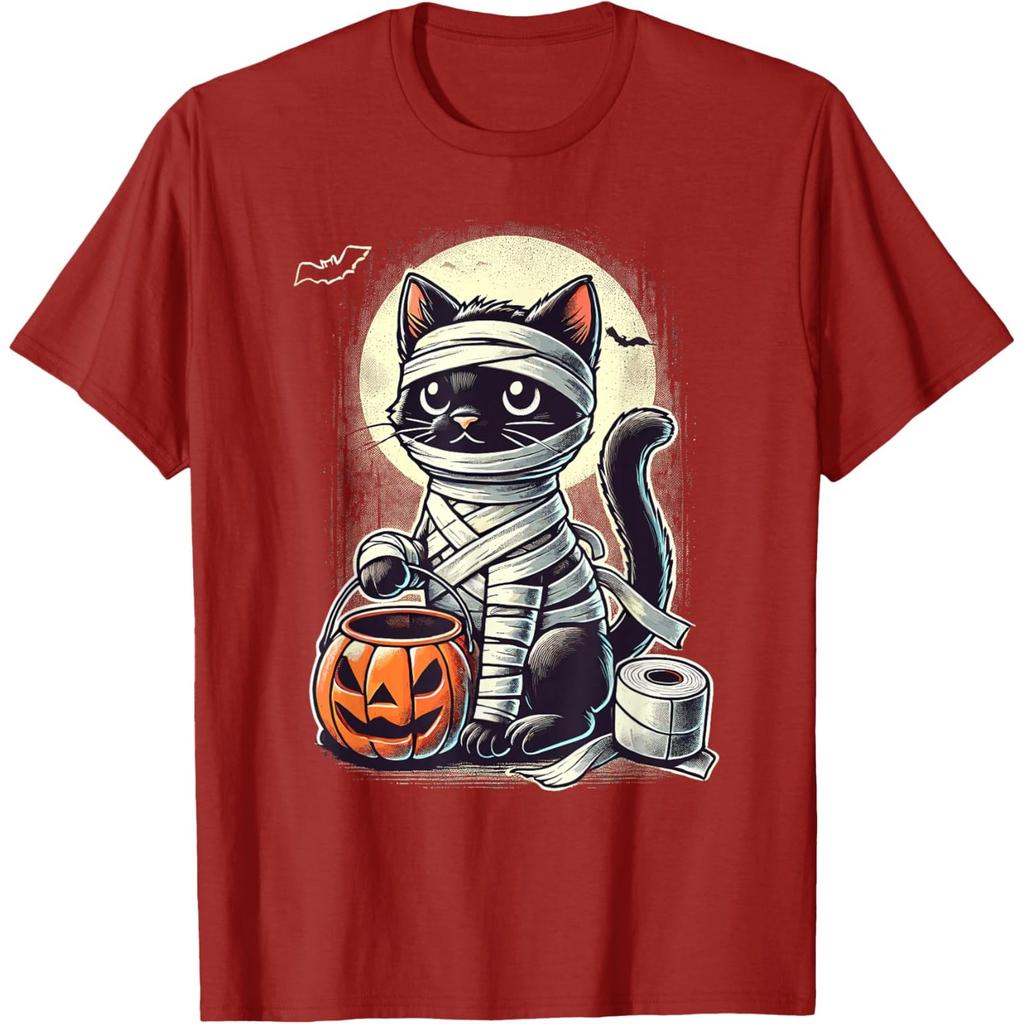 Mummy Black Cat Halloween Graphic Tee Cute Cartoon Kitten Trick Or Treat T-Shirt