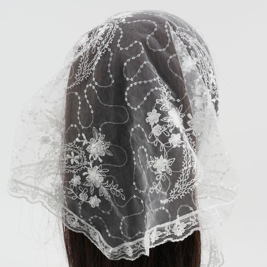 Elegant White Lace Embroidered Triangle Scarf with Floral Mesh for Wedding or Bridal Headdress