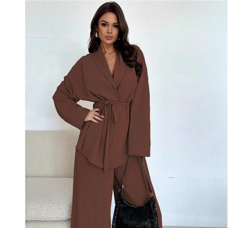 Damen 2-teiliges passendes Set Langarm-Oberteil mit Gürtel Weitbeinige Hose Business Casual Set Outfit