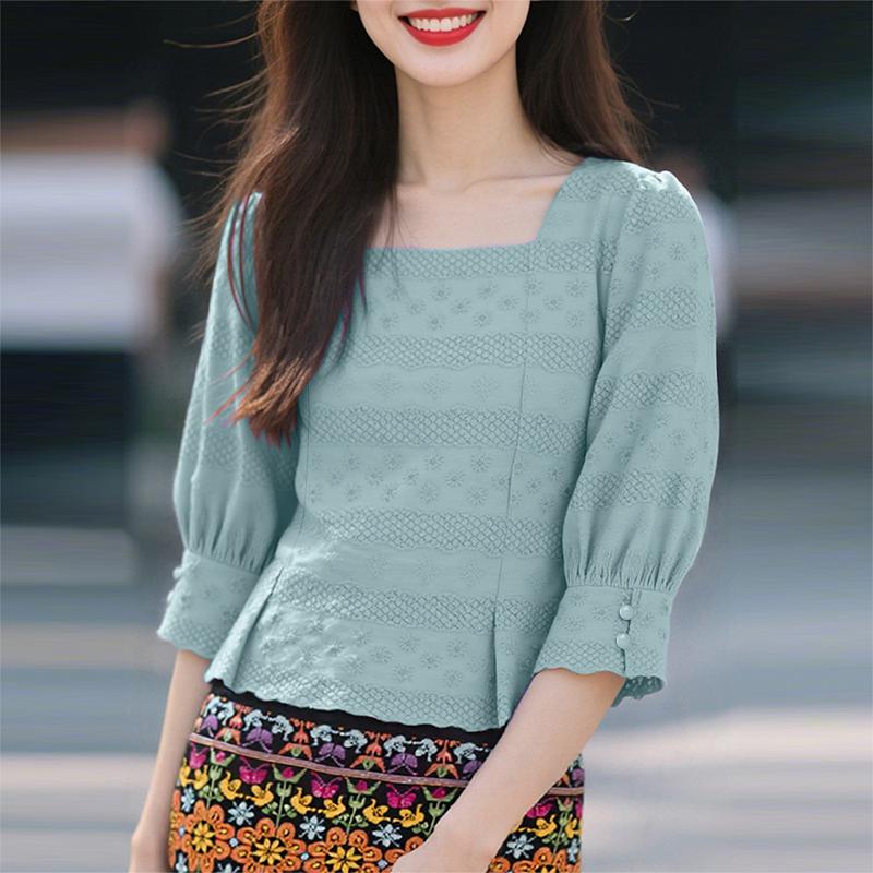 ZANZEA Women Casual Square Collar Summer 3/4 Sleeve Patchwork Blouse