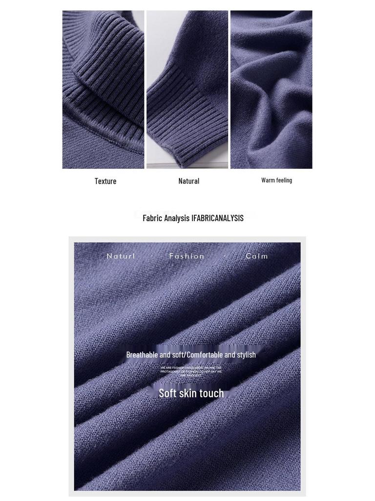 Men's Ribbed Wool High-Neck Sweater with Fleece, Warm Knitted Long Collar for Autumn and Winter