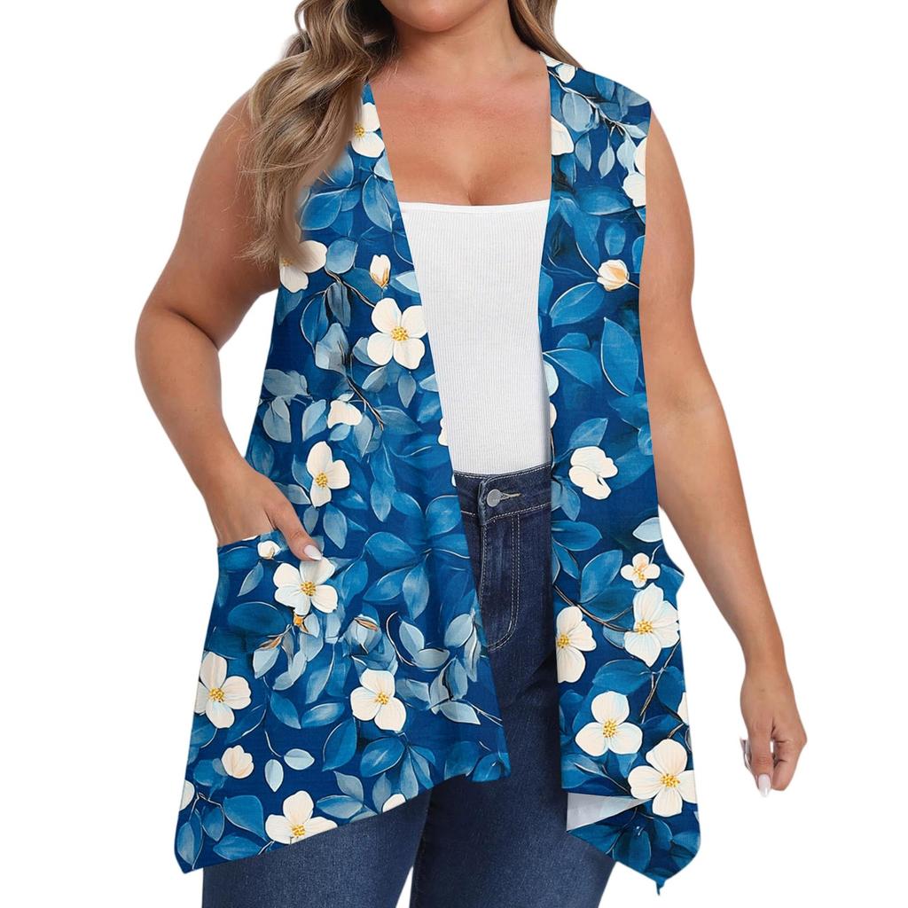 Women's Oversized Loose Casual Printed Sleeveless Vest With Pocket Cardigan Jacket Cardigan Jacket