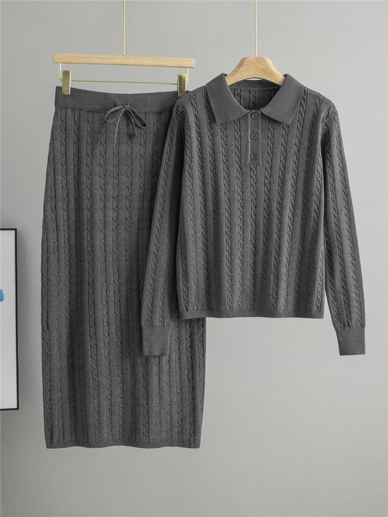 Korean-Style Two-Piece Set: Polo Collar Cable Knit Top & Sweater Skirt for Spring/Autumn