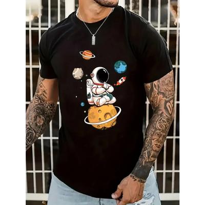 Cotton Men's 100% Cotton Summer Loose Size Cartoon Astronaut Planet Printed Slim Fit Casual Sports Round Neck Short Sleeved T-shirt Top