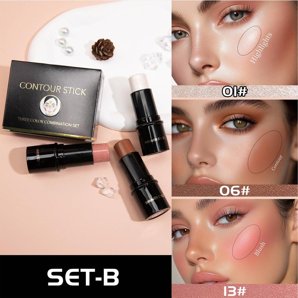 Powder Blusher Highlight Shadow Pen, Three Piece Set, Different Color Combinations. Suitable For Various Makeup Looks,6g*3