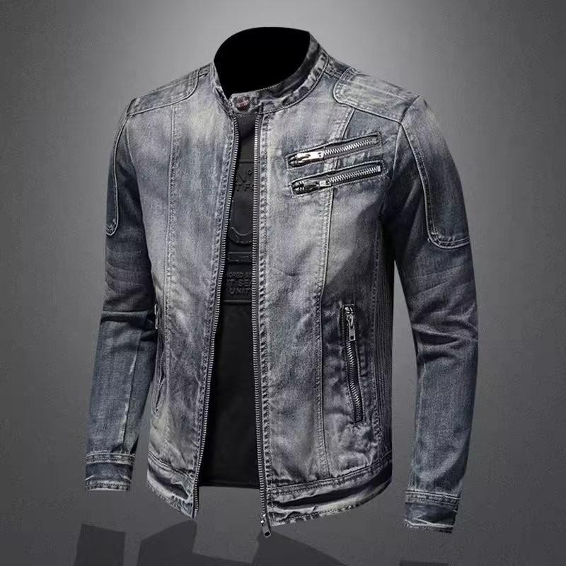 Men's European-Style Retro Slim Fit Denim Motorcycle Jacket with American Trend Influence
