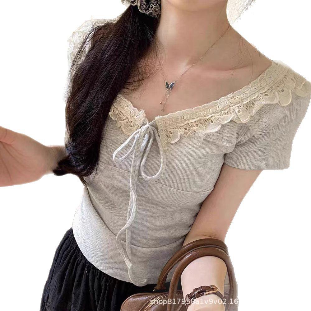 Women's Lace-Trimmed Slim-Fit T-Shirt - Summer 2025 Unique Short Sleeve Top