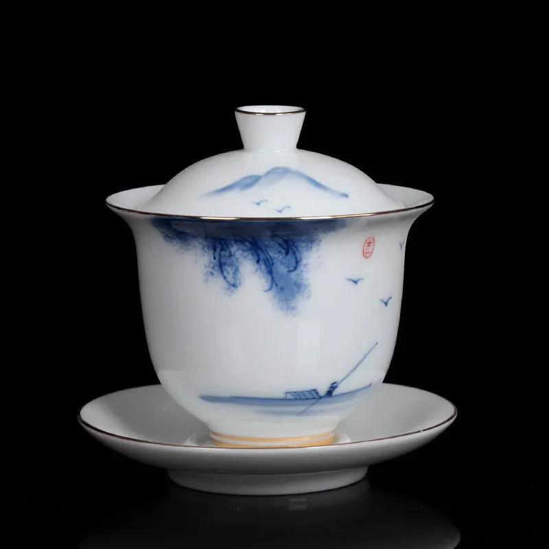 High Quality White Porcelain Gaiwan Portable Ceramic Tea Set Chinese Hand Painted Tea Bowl Tea Ceremony Accessories 170ml