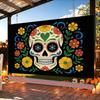 Floral Skull Themed Backdrop Banner, Polyester for Party Decor & Photo Props