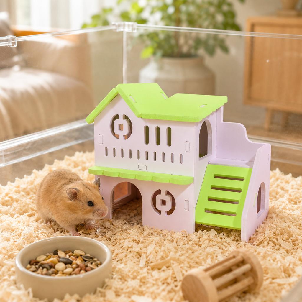 Small Animal Wooden House Villa with Multi-Level Design and Ventilation Openings Suitable for Hamsters Gerbils and Other Small Pets