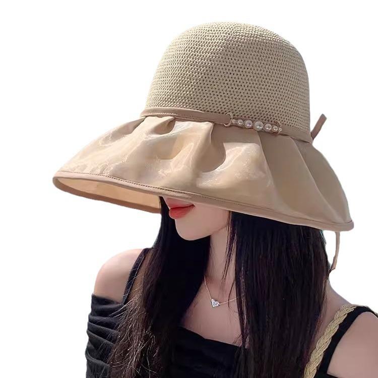 Hat Women's Pearl Big Edge Spring Sun Protection Sun Hat Seaside Vacation Bucket Hat Knitted Sun Hat High Sense