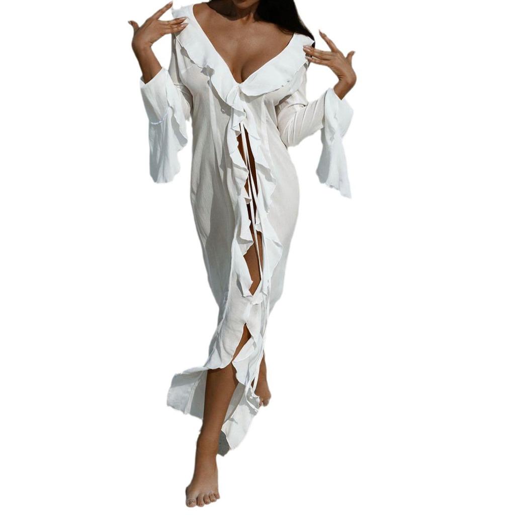 Europe and America Vacation Beach Long Sleeve Lace Cardigan Dress - Sun Protection Bikini Cover-up