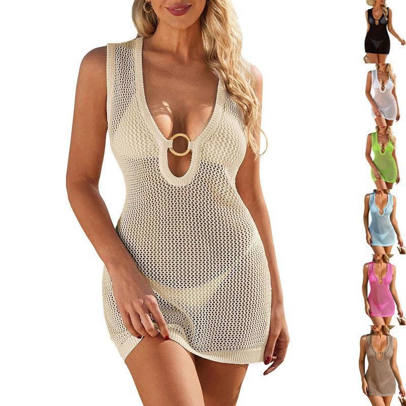 Women's V Neck Sleeveless Crochet Knit Mini Dress Loose Fit High Waist Beach Cover Up Dress