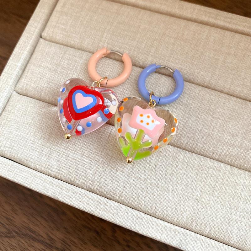 Half Sweet Thoughts: Asymmetrical Korean Drip Oil Love Heart Flower Earrings - Exquisite & Stunning Design