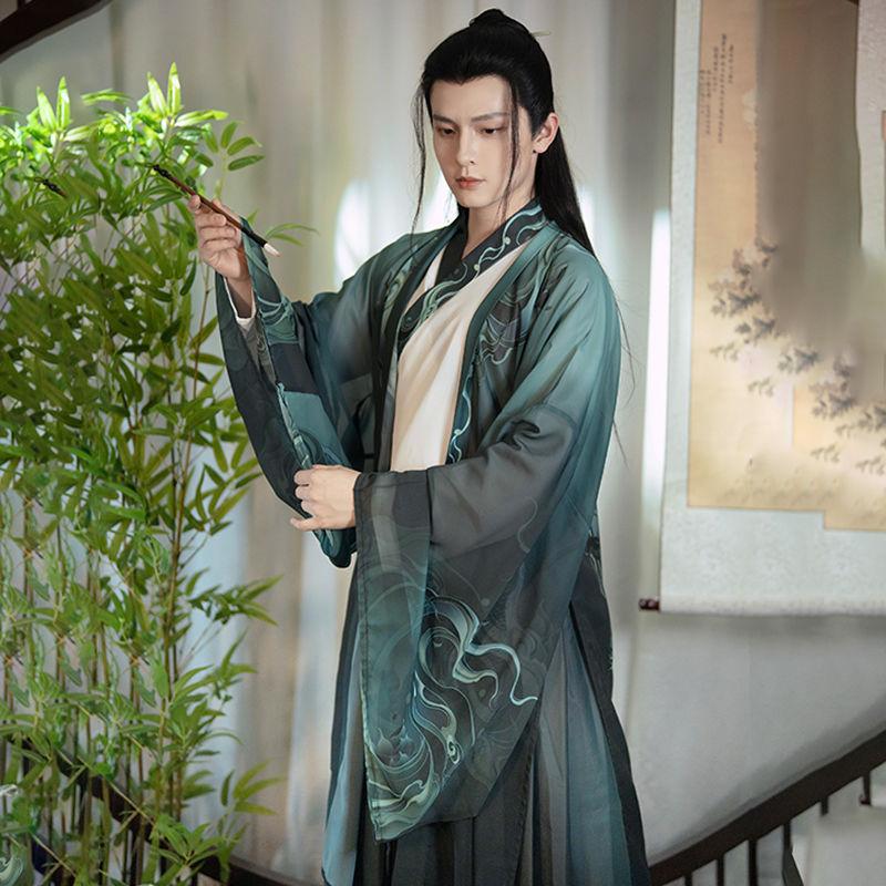 Costum de imprimare cu broderie cu cerneală pentru cupluri Hanfu în stil chinezesc Wei și Jin