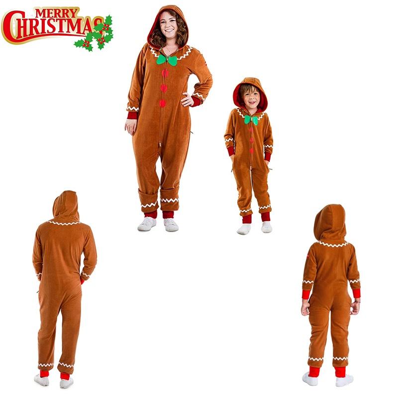 Christmas Gingerbread Man Cosplay Costume Hooded Jumpsuits Adult Kids Xmas Party