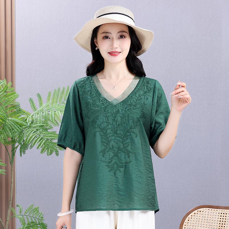 Sommer Elastisches T-Shirt Massive Baumwolle Hanf Damenbekleidung Kurzarm V-Ausschnitt Übergröße Stickerei Retro Lose Vielseitige Oberteile