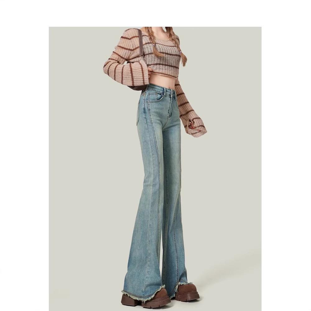 Women's Black High-Waisted Micro-Flare Jeans - 2024 Autumn/Winter Slimming Bell Bottom Pants