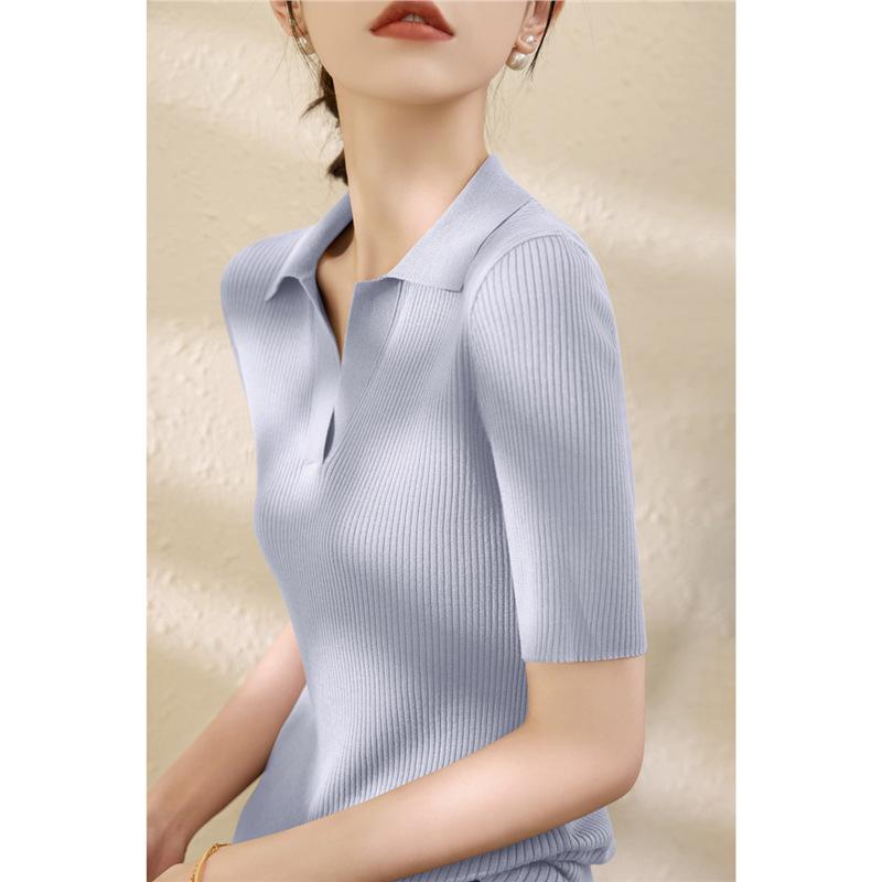 Women Summer Tencel Ribbed Slim Knit Top Thin Puff‑V Polo Collar Short Sleeve Ice Silk Blouse