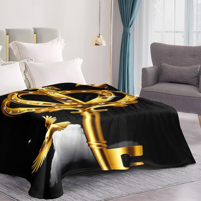 Golden Crown Key Blanket Royal Design Luxury Art Soft Fleece Throw Home Decor Gift Idea Elegant Theme Cozy Warmth